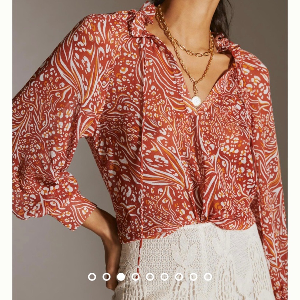 Anthropologie Sheer Printed Peasant Blouse Orange Motif Rust Size M Medium